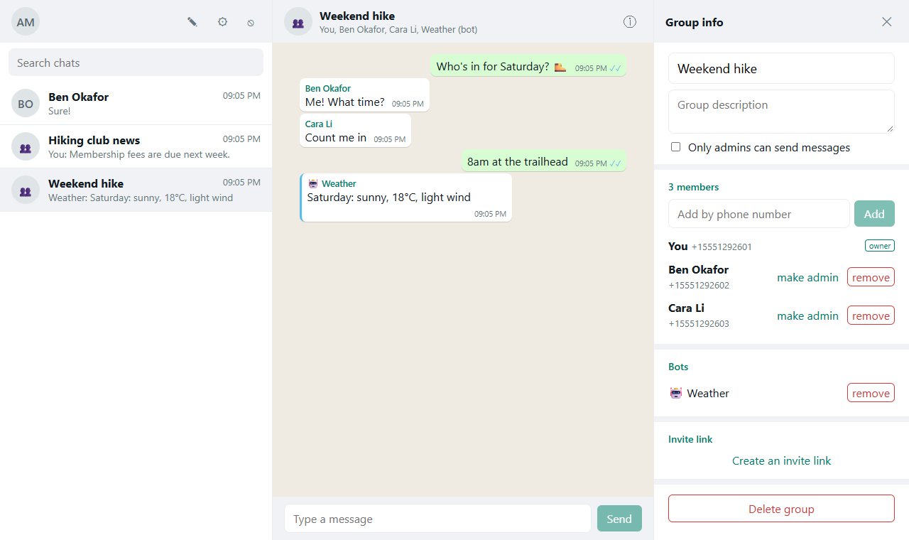 A group: its owner's controls come from authz.perms; a bot posts as itself