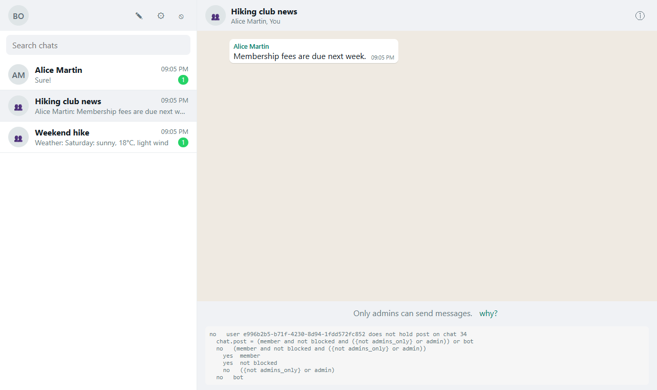 An announcement group: the member can't post, and "why?" shows the database's explanation